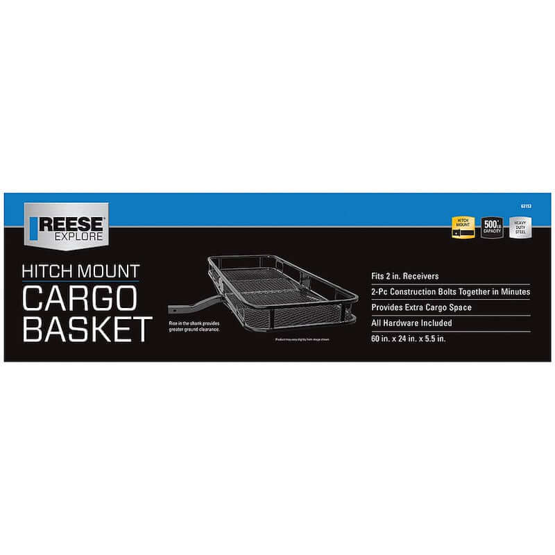 Reese Towpower hitch mount cargo carrier basket, 60x24 inch, fits 2 inch receivers, designed for added cargo space.