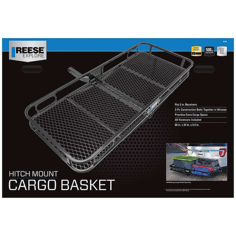 Reese Towpower trailer hitch cargo basket for pickup trucks, fits 2" receiver, durable black finish, 60x24 inch platform.