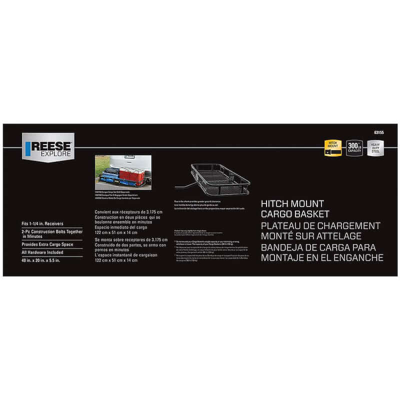 Reese hitch mount cargo basket for 1-1/4" receiver, supports 300 lbs, includes info on dimensions and features.