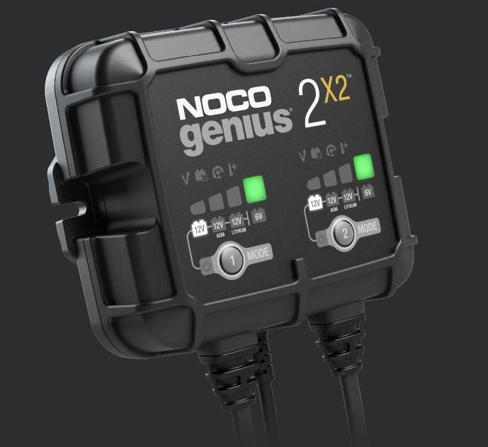NOCO Battery Charger Genius 2-Bank for 6V & 12V Lead-Acid and Lithium Batteries - 4A (2A Per Bank), Fully Automatic - 120-240V AC