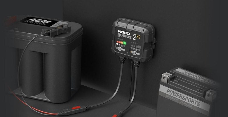 NOCO Battery Charger Genius 2-Bank for 6V & 12V Lead-Acid and Lithium Batteries - 4A (2A Per Bank), Fully Automatic - 120-240V AC