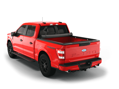 Red Ford F-150 with Sawtooth Stretch expandable soft roll up tonneau cover with ladder and open tailgate 