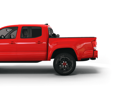 Red Toyota Tacoma with Sawtooth Stretch expandable pickup truck bed cover rolled up at cab