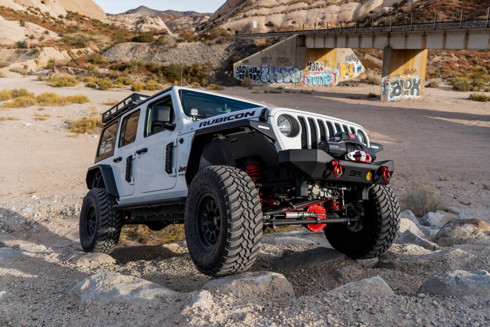 Body Armor Front Fender Flares - Textured Black Powder-Coated Steel - Fits 2018-2024 Jeep Wrangler JL & Gladiator JT (Flat Style, 7-1/2 Inch Tire Coverage, Includes Lights)