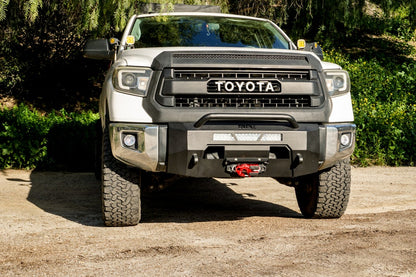 Body Armor Hiline Front Winch Bumper - Textured Black Powder-Coated Steel - Fits 2014-2021 Toyota Tundra (With Bull Bar, Winch Mount, D-Ring Mounts)