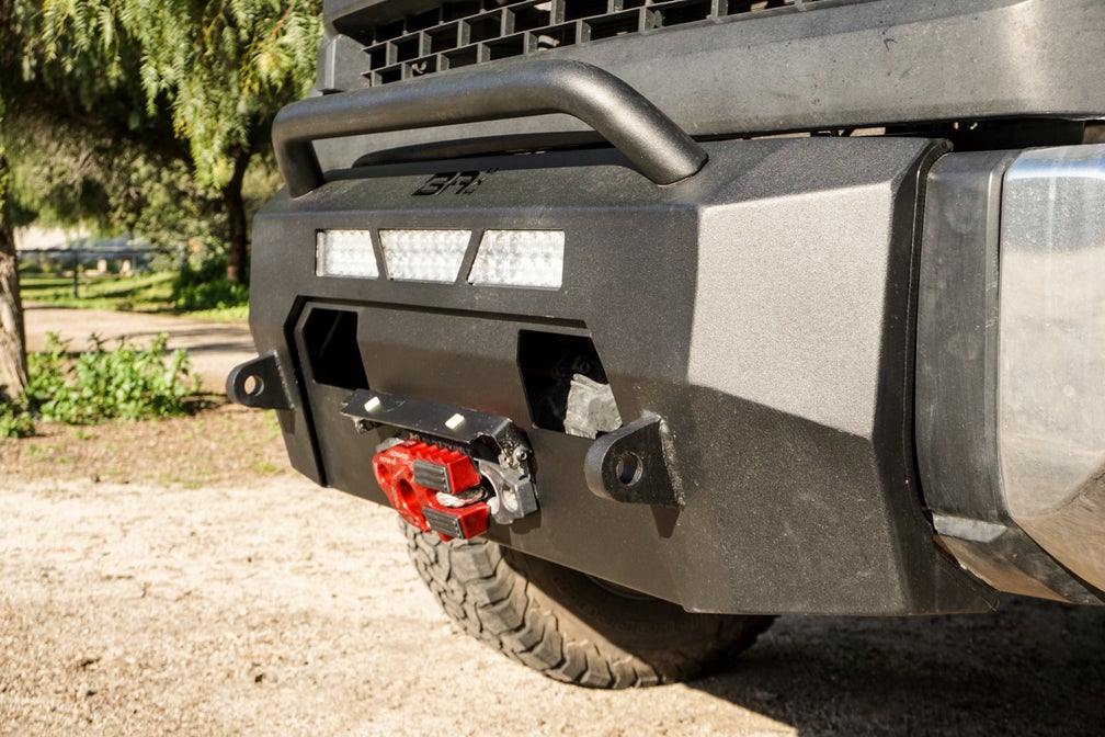 Body Armor Hiline Front Winch Bumper - Textured Black Powder-Coated Steel - Fits 2014-2021 Toyota Tundra (With Bull Bar, Winch Mount, D-Ring Mounts)