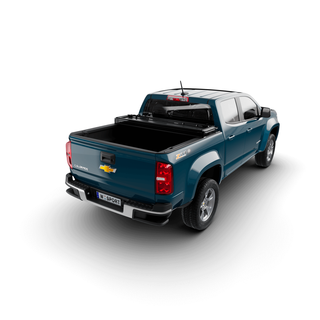 hard aluminum tonneau cover for Chevrolet Colorado installed on a blue truck from a rear view.