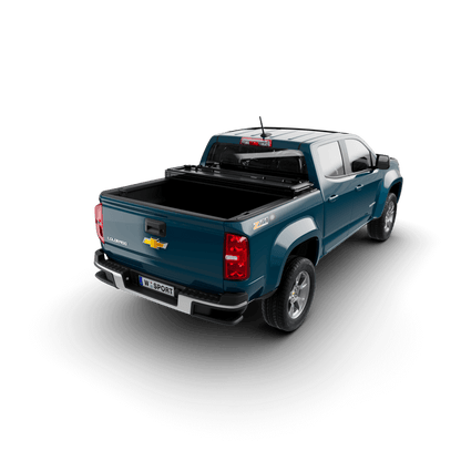 hard aluminum tonneau cover for Chevrolet Colorado installed on a blue truck from a rear view.