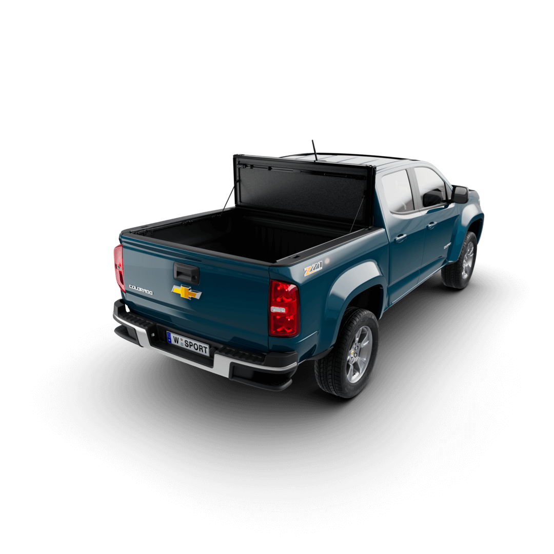 hard aluminum tonneau cover for Chevrolet Colorado installed on a blue truck with a standard bed.