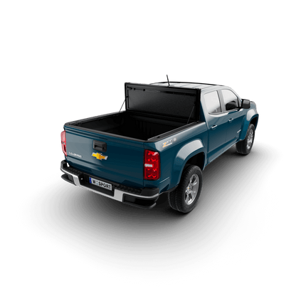 hard aluminum tonneau cover for Chevrolet Colorado installed on a blue truck with a standard bed.