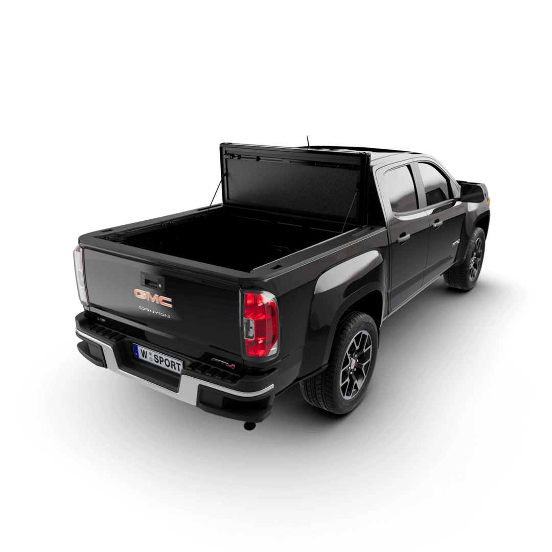 hard aluminum tonneau cover for Chevrolet Colorado on a black GMC truck