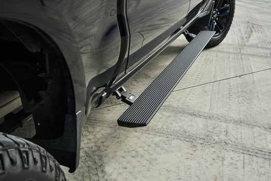 Body Armor E-Power Board Steps - Matte Black Aluminum - Fits 2015–2024 Ford F-150, 2017–2024 Ford Raptor, 2022–2024 F-150 Lightning, 2017–2024 F-250/F-350 Super Duty Crew Cab