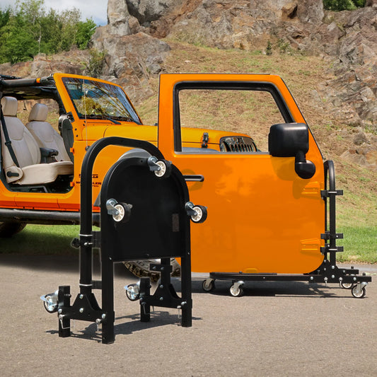 EZ4X4 Aluminum Folding Rolling Door Cart for Jeep Wrangler 2-Door – Storage Rack Holder Stand with Locking Casters, Lightweight, Black
