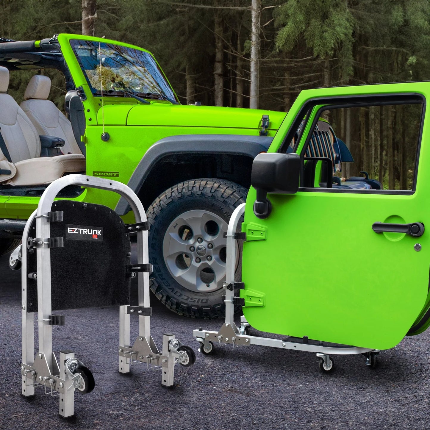 EZ4X4 Aluminum Folding Rolling Door Cart for Jeep Wrangler 2-Door – Storage Rack Holder Stand with Locking Casters, Lightweight, Black
