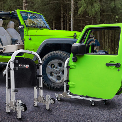 EZ4X4 Aluminum Folding Rolling Door Cart for Jeep Wrangler 2-Door – Storage Rack Holder Stand with Locking Casters, Lightweight, Black
