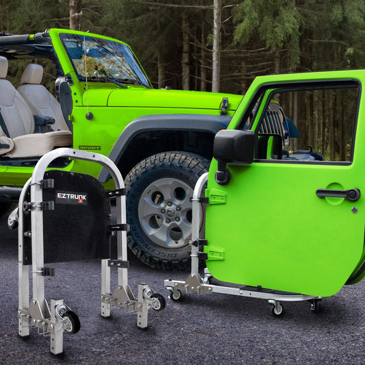 EZ4X4 Aluminum Folding Rolling Door Cart for Jeep Wrangler 2-Door – Storage Rack Holder Stand with Locking Casters, Lightweight, Black