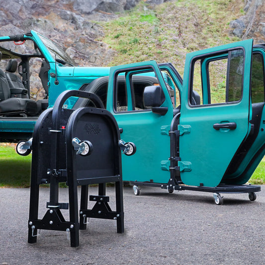 EZ4X4 Aluminum Folding Rolling Door Cart for Jeep Wrangler 4-Door – Storage Rack Holder Stand with Locking Casters, Lightweight, Black