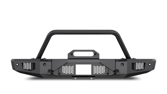 Body Armor Odyssey Front Bumper - Textured Black Powder-Coated Steel - Fits 2021-2024 Ford Bronco (With Bull Bar, Winch Mount, D-Ring Mounts)