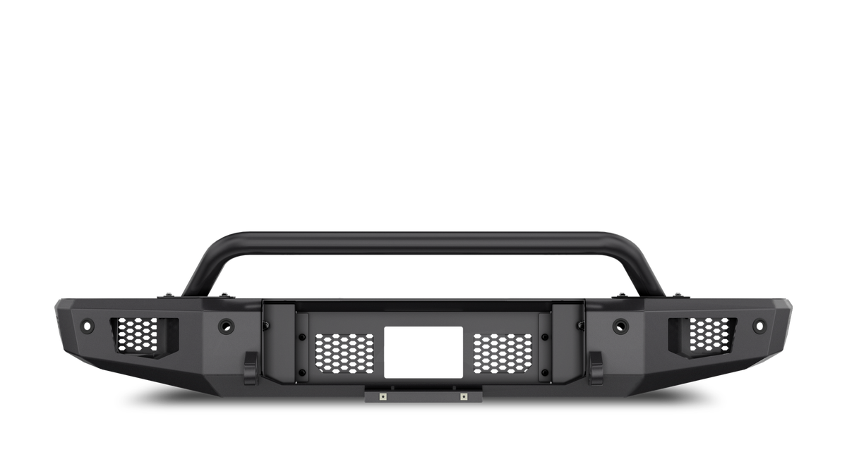 Body Armor Odyssey Front Bumper - Textured Black Powder-Coated Steel - Fits 2021-2024 Ford Bronco (With Bull Bar, Winch Mount, D-Ring Mounts)