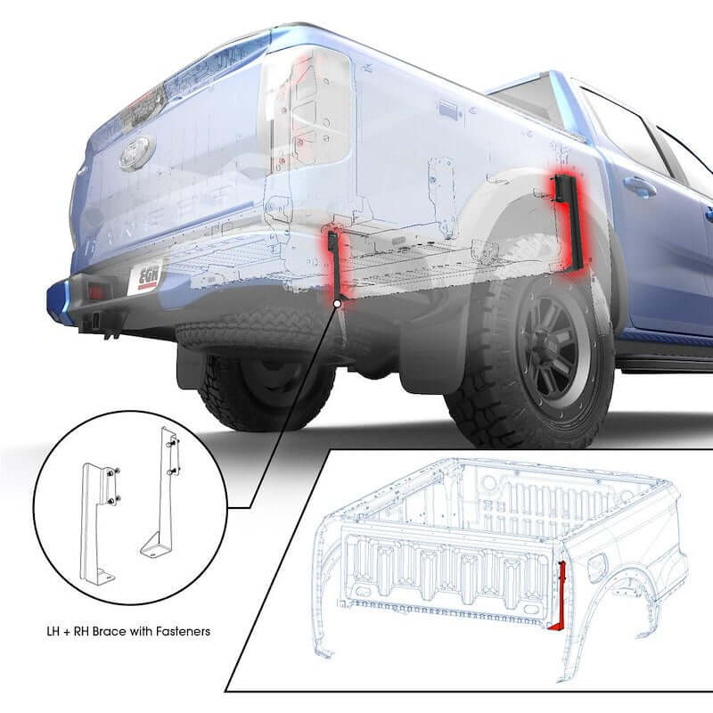 EGR Truck Bed Floor Support RollTrac installation for 2024 Ford Ranger showcasing LH and RH braces with fasteners.