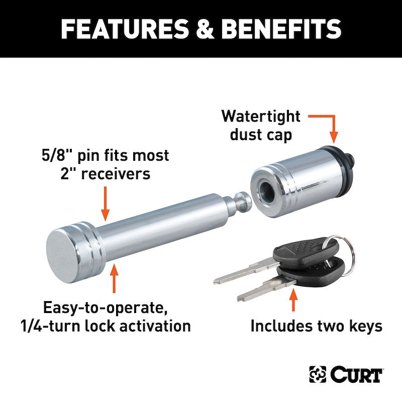 CURT Trailer Hitch Lock – 5/8-Inch Barbell Pin for 2 Inch Receiver – Chrome Plated Steel with Keys & Dust Cap