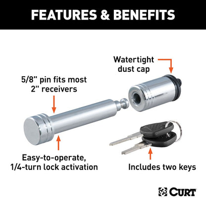 CURT Trailer Hitch Lock – 5/8-Inch Barbell Pin for 2 Inch Receiver – Chrome Plated Steel with Keys & Dust Cap