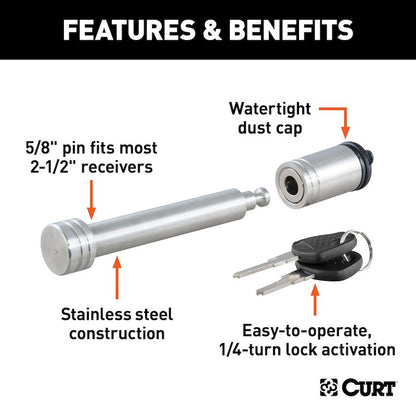 CURT Hitch Lock – 5/8" Barbell Pin for 2 & 2-1/2 Inch Receiver ,Stainless Steel