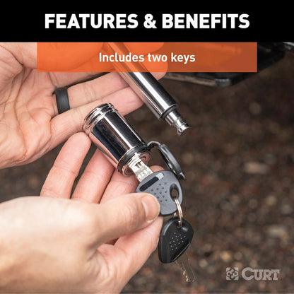 CURT Trailer Hitch Lock – 5/8-Inch Barbell Pin for 2 Inch Receiver – Chrome Plated Steel with Keys & Dust Cap
