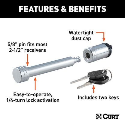 CURT Hitch Lock – 5/8" Barbell Pin for 2 & 2-1/2 Inch Receiver ,Chrome