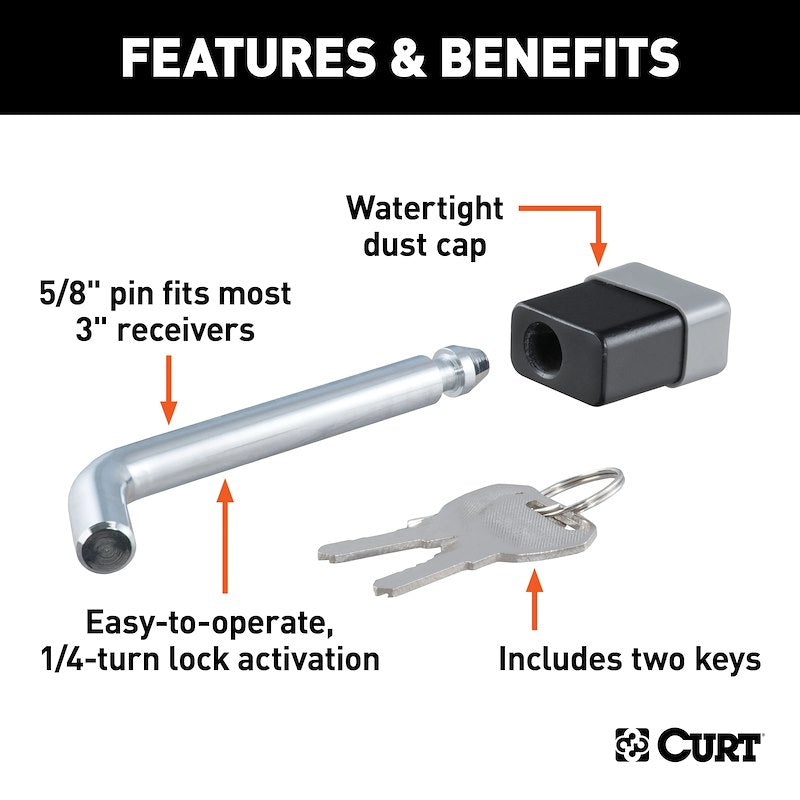 CURT Trailer Hitch Locking Pin – 5/8-Inch Bent Pin for 2, 2-1/2 & 3 Inch Receivers – Chrome Plated Steel with Keys & Dust Cap