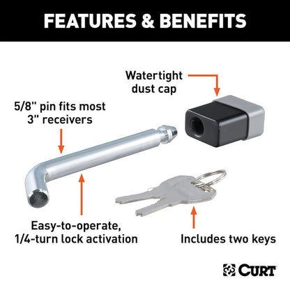CURT Trailer Hitch Locking Pin – 5/8-Inch Bent Pin for 2, 2-1/2 & 3 Inch Receivers – Chrome Plated Steel with Keys & Dust Cap