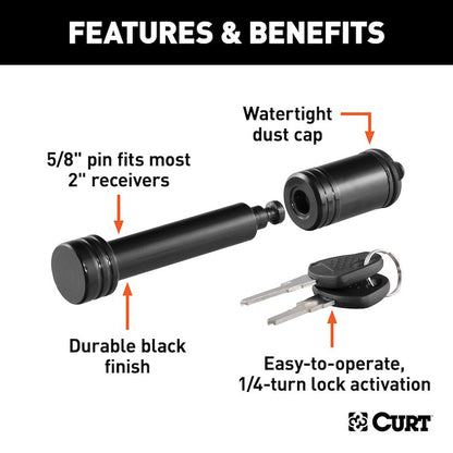 CURT Trailer Hitch Lock – 5/8-Inch Barbell Pin for 2 Inch Receiver – Black Powder-Coated Steel with Keys & Dust Cap