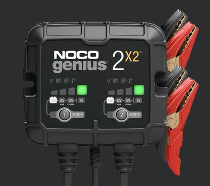 NOCO Battery Charger Genius 2-Bank for 6V & 12V Lead-Acid and Lithium Batteries - 4A (2A Per Bank), Fully Automatic - 120-240V AC