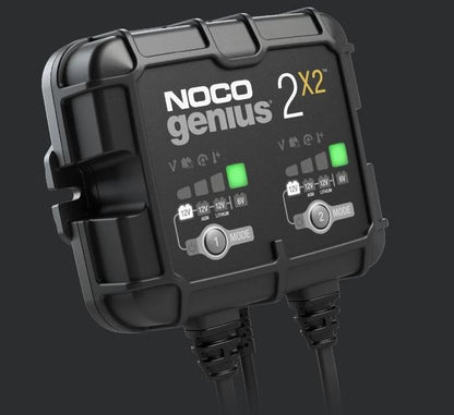 NOCO Battery Charger Genius 2-Bank for 6V & 12V Lead-Acid and Lithium Batteries - 4A (2A Per Bank), Fully Automatic - 120-240V AC