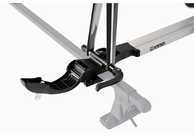 Roof-Mount Bike Rack, 1-Bike, 50 lb Capacity, Fork Mount, Lock, Skewer, Wheel Tray, Quick Release.