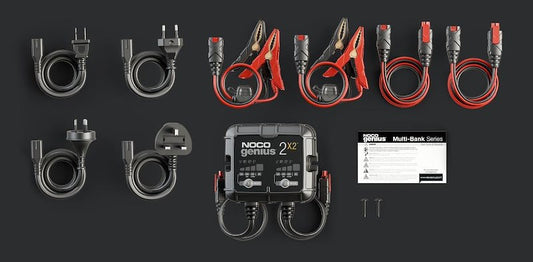 NOCO Battery Charger Genius 2-Bank for 6V & 12V Lead-Acid and Lithium Batteries - 4A (2A Per Bank), Fully Automatic - 120-240V AC