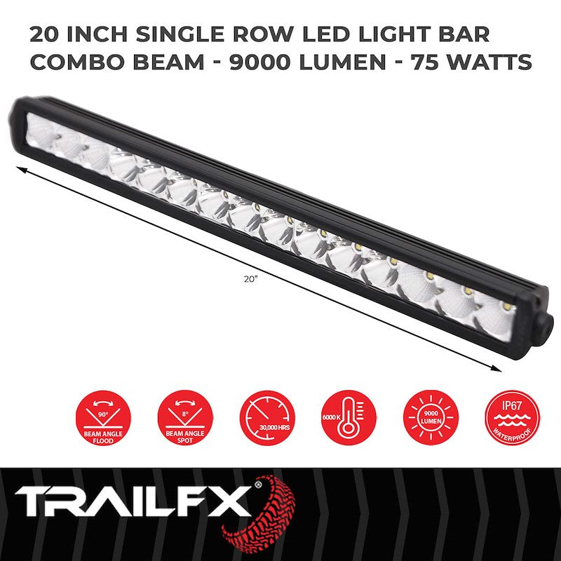TrailFX 20" LED Light Bar 75W Spot and Flood Beam 9000 Raw Lumens 6567 Effective Lumens Black Housing with Wiring and Mounting Brackets
