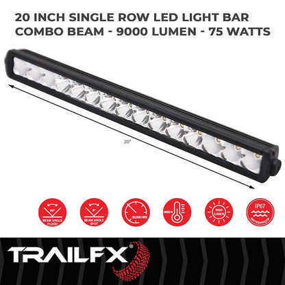 TrailFX 20" LED Light Bar 75W Spot and Flood Beam 9000 Raw Lumens 6567 Effective Lumens Black Housing with Wiring and Mounting Brackets