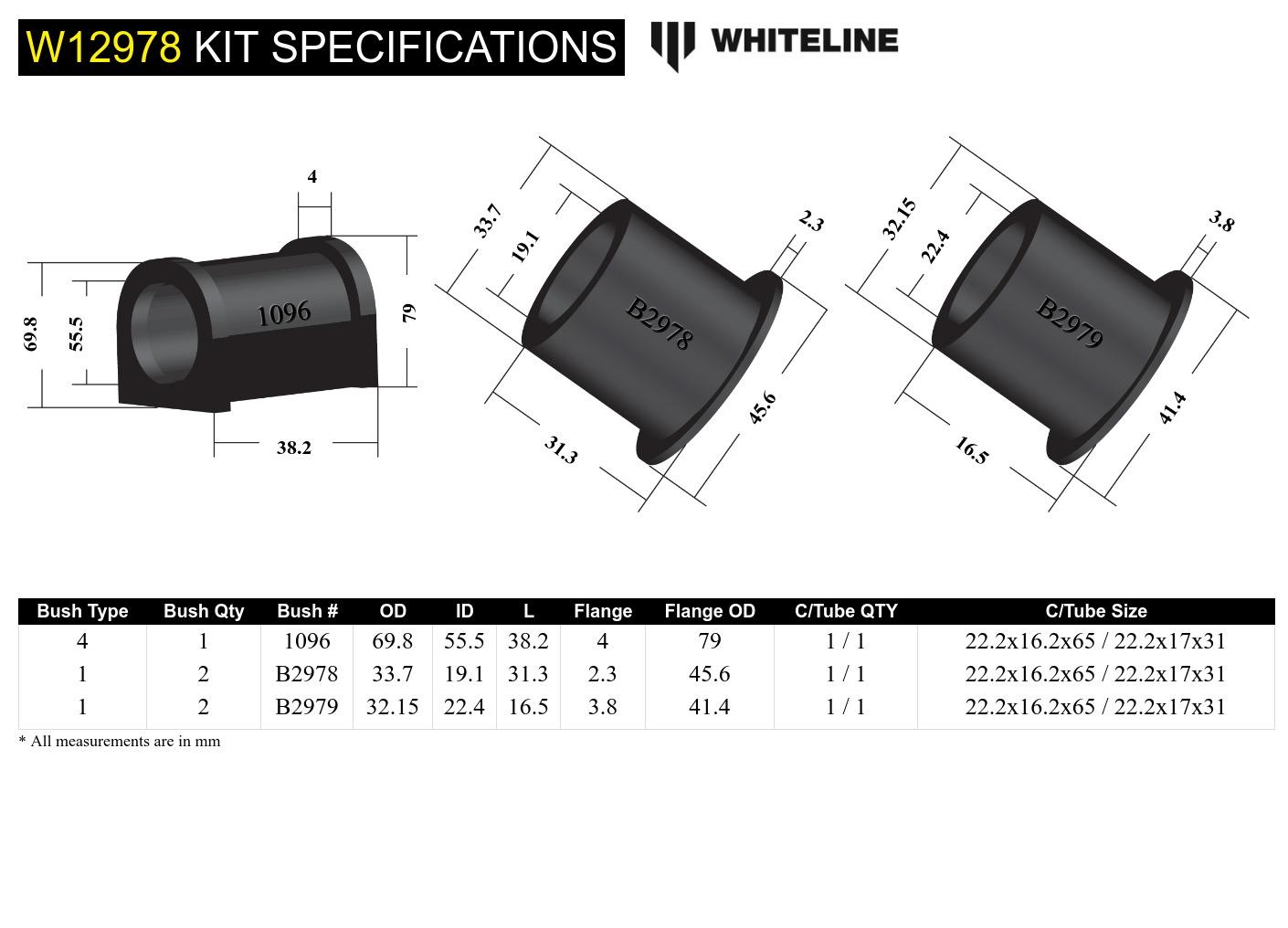Whiteline Rear Sway Bar Bushing Kit for SUVs & Cars - Fits 1996-2002 4Runner, 1995-2004 Tacoma