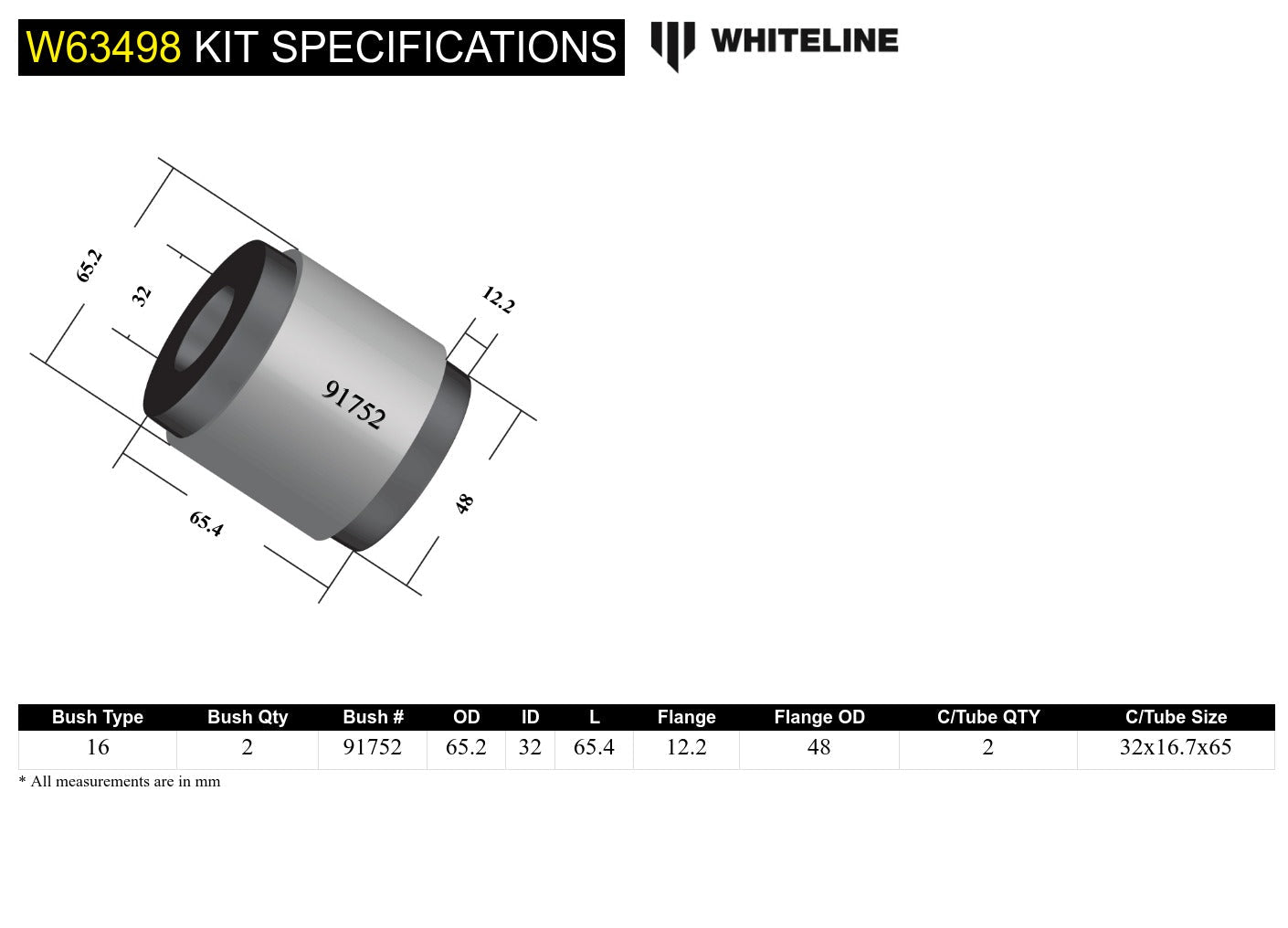 Whiteline Rear Lower Rearward Control Arm Inner Bushing Kit for Cars - Fits 2015-2023 Ford Mustang