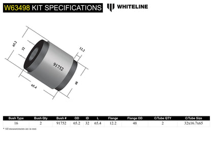 Whiteline Rear Lower Rearward Control Arm Inner Bushing Kit for Cars - Fits 2015-2023 Ford Mustang