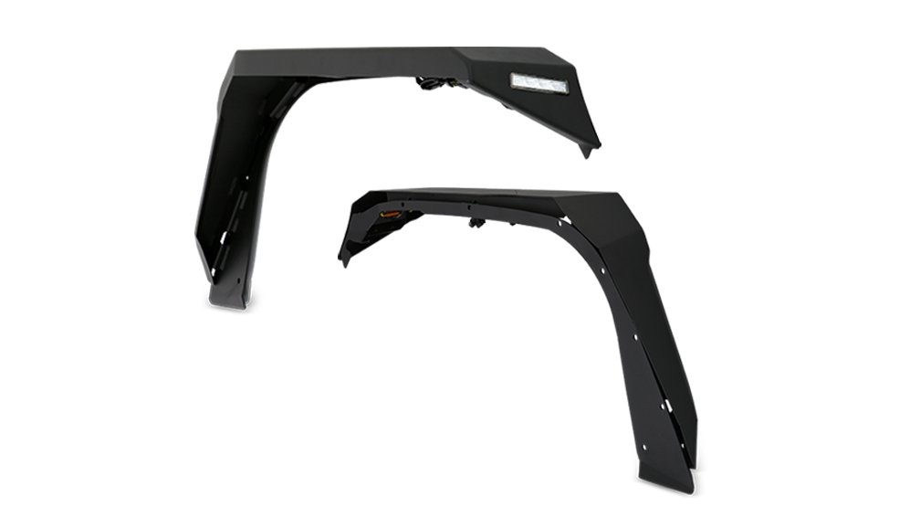 Body Armor Front Fender Flares - Textured Black Powder-Coated Steel - Fits 2018-2024 Jeep Wrangler JL & Gladiator JT (Flat Style, 7-1/2 Inch Tire Coverage, Includes Lights)