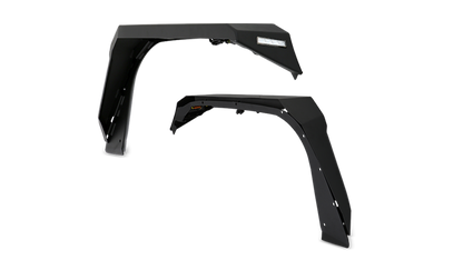 Body Armor Front Fender Flares - Textured Black Powder-Coated Steel - Fits 2018-2024 Jeep Wrangler JL & Gladiator JT (Flat Style, 7-1/2 Inch Tire Coverage, Includes Lights)