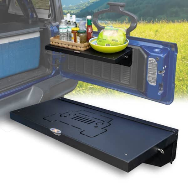 EZ4X4 Single Level Deluxe Folding Tailgate Table – Fits Jeep Wrangler – Black Aluminum – 1Pc