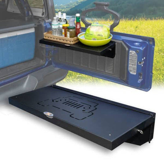 EZ4X4 Single Level Deluxe Folding Tailgate Table – Fits Jeep Wrangler – Black Aluminum – 1Pc