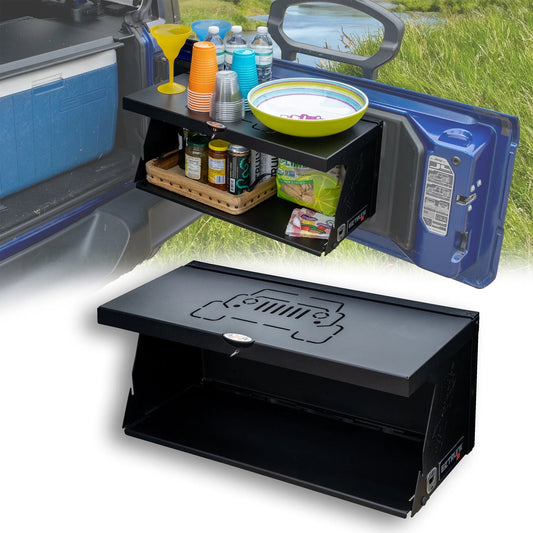 EZ4X4 Double Level Deluxe Folding Tailgate Table – Fits Jeep Wrangler JK/JKU/JL/JLU – Black Aluminum Cargo Shelf