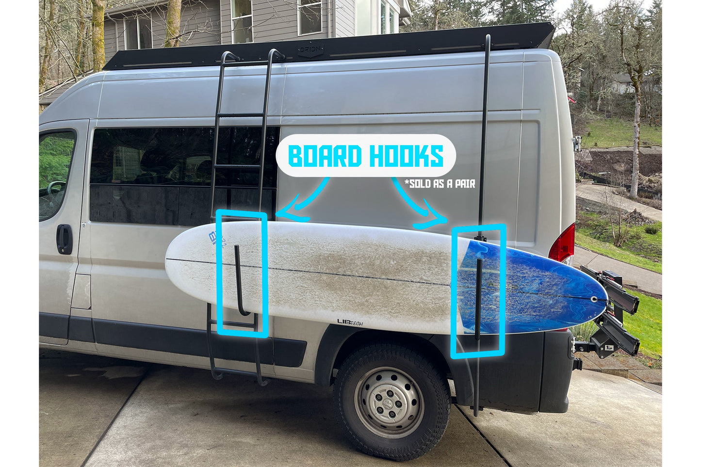 Orion Van Gear Universal Board Hooks for Vans – Fits Roof Racks & Side Ladders – 1.25" Aluminum, Black Powder-Coated, Pair