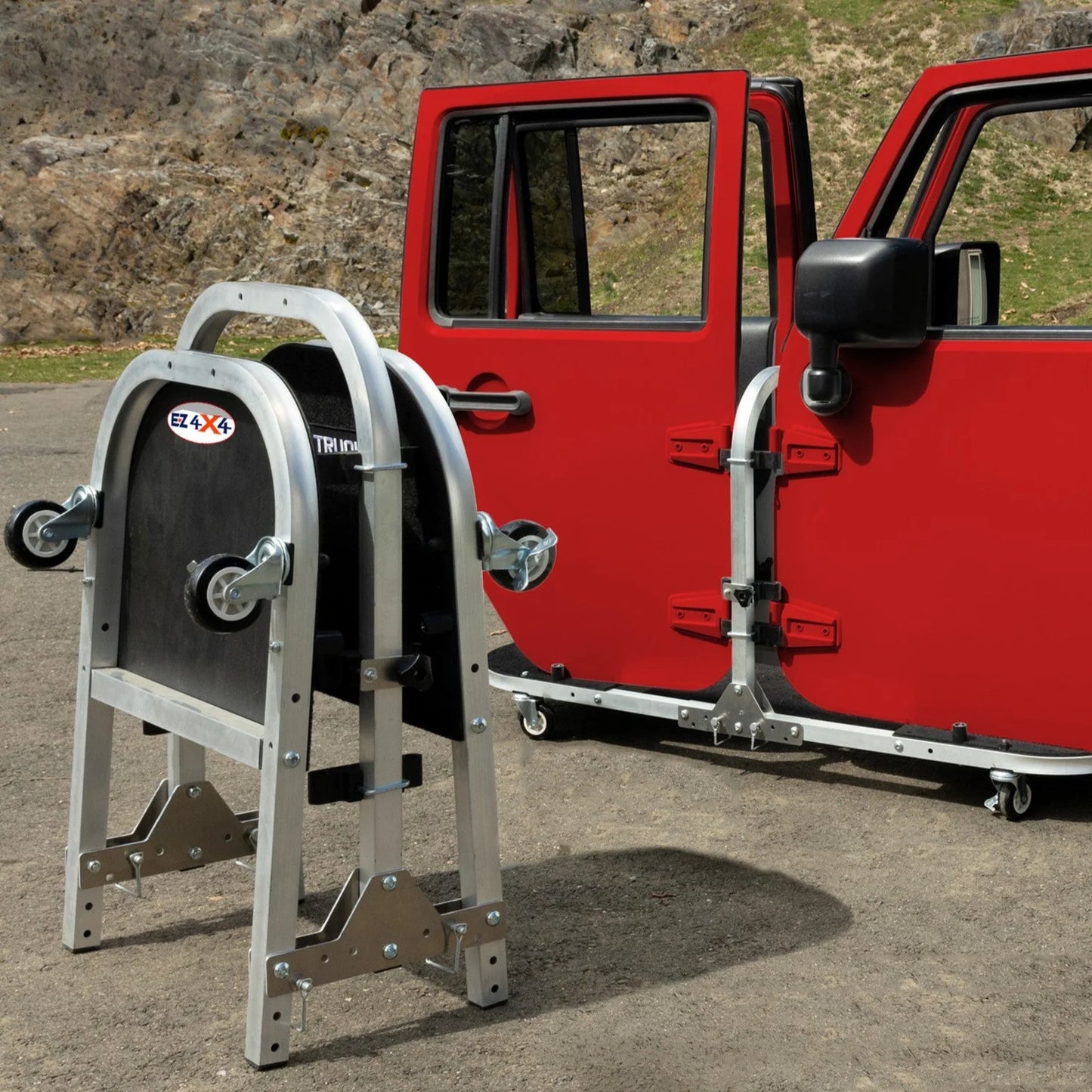 EZ4X4 Aluminum Folding Rolling Door Cart for Jeep Wrangler 4-Door – Storage Rack Holder Stand with Locking Casters, Lightweight, Black