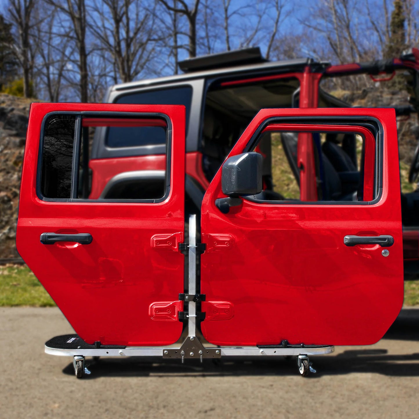 EZ4X4 Aluminum Folding Rolling Door Cart for Jeep Wrangler 4-Door – Storage Rack Holder Stand with Locking Casters, Lightweight, Black