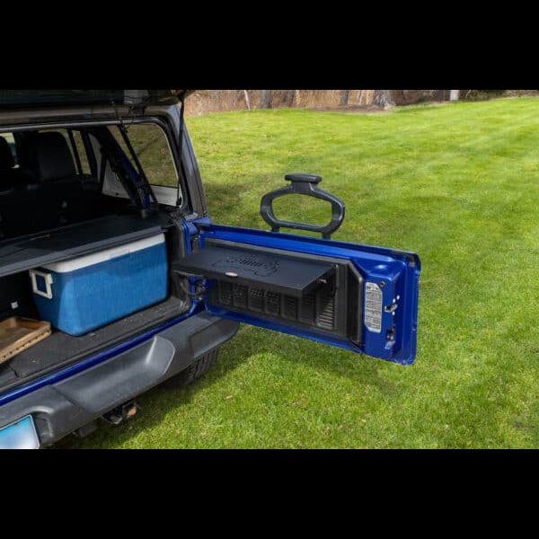 EZ4X4 Single Level Deluxe Folding Tailgate Table – Fits Jeep Wrangler – Black Aluminum – 1Pc